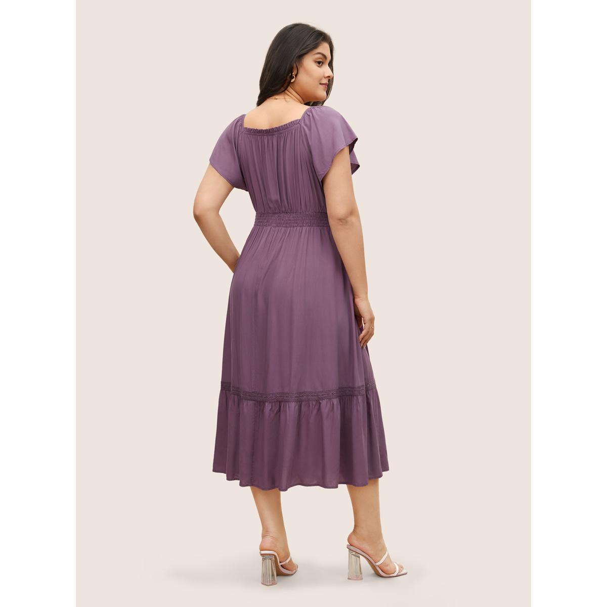 Plus Size Solid Cap Sleeve Shirred Frill Trim Dress Mauve Women Elegant Non Square Neck Cap Sleeve Curvy Midi Dress BloomChic 12/L Product Image