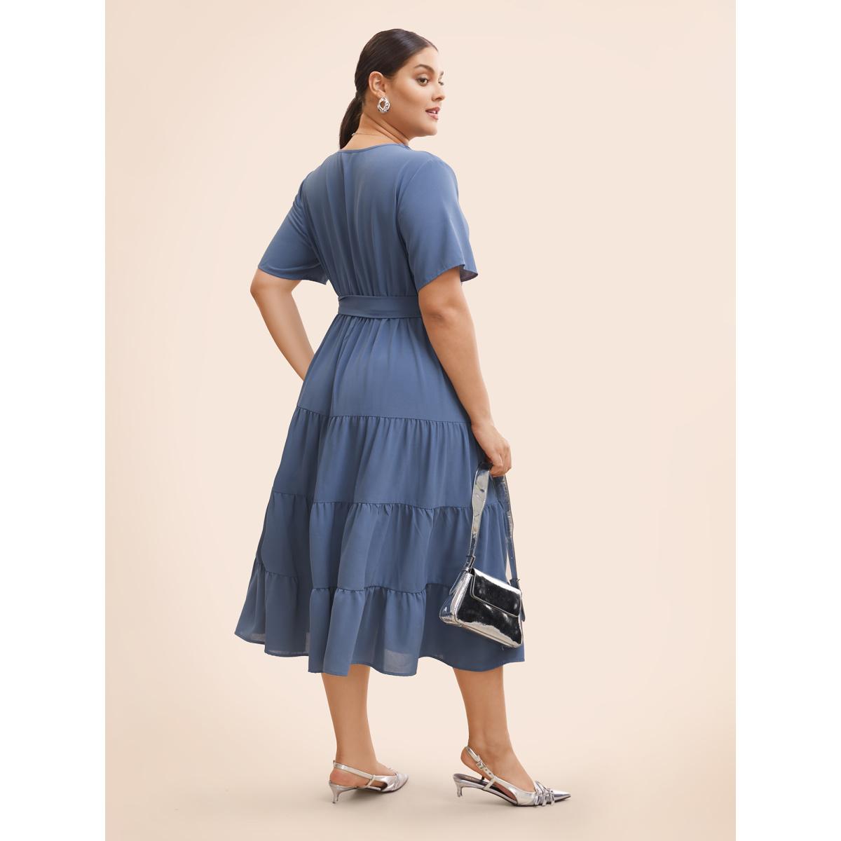 Plus Size Suit Collar Ruffle Layered Hem Dress Stone Women Workwear Essentials Belted Suit Collar Short sleeve Curvy BloomChic 18-20/2X Product Image