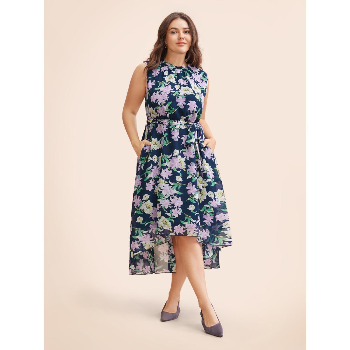 Plus Size Floral Mock Neck Asymmetrical Hem Dress DarkBlue Women Elegant Belted Mock Neck Sleeveless Curvy BloomChic 30/6X Product Image