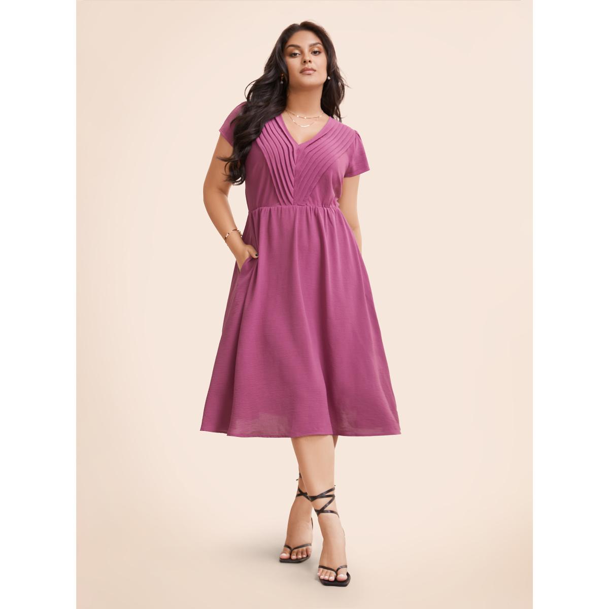 Plus Size Solid Ruffle Trim V Neck Pocket Pleated Front Dress RedViolet Women Elegant Pleated V-neck Cap Sleeve Curvy Midi Dress BloomChic 30/6X Product Image