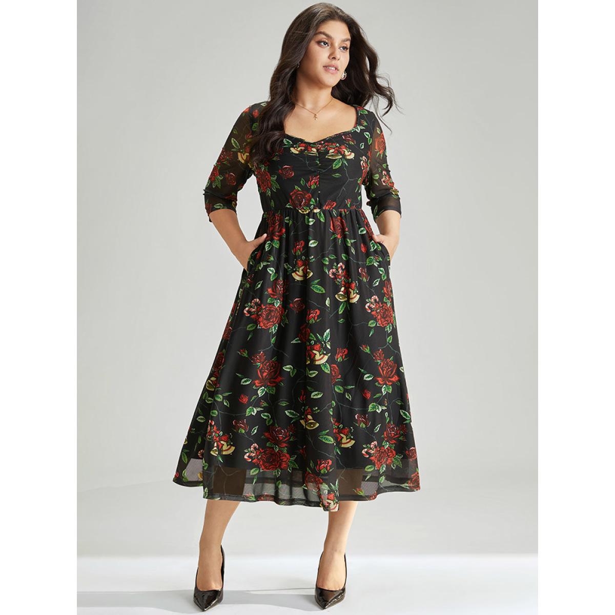 Plus Size Floral Square Neck Mesh Gathered Dress Black Women Office Gathered Square Neck Half Sleeve Curvy Midi Dress BloomChic 22-24/3X Product Image