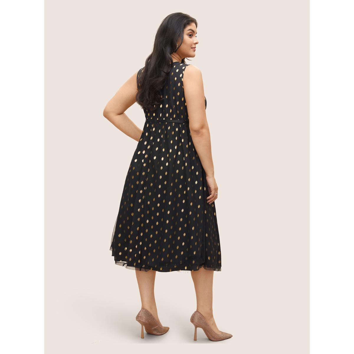 Plus Size Glitter Polka Dot Pocket Patchwork Tank Dress Black Women Cocktail Non V-neck Sleeveless Curvy Midi Dress BloomChic 12/L Product Image