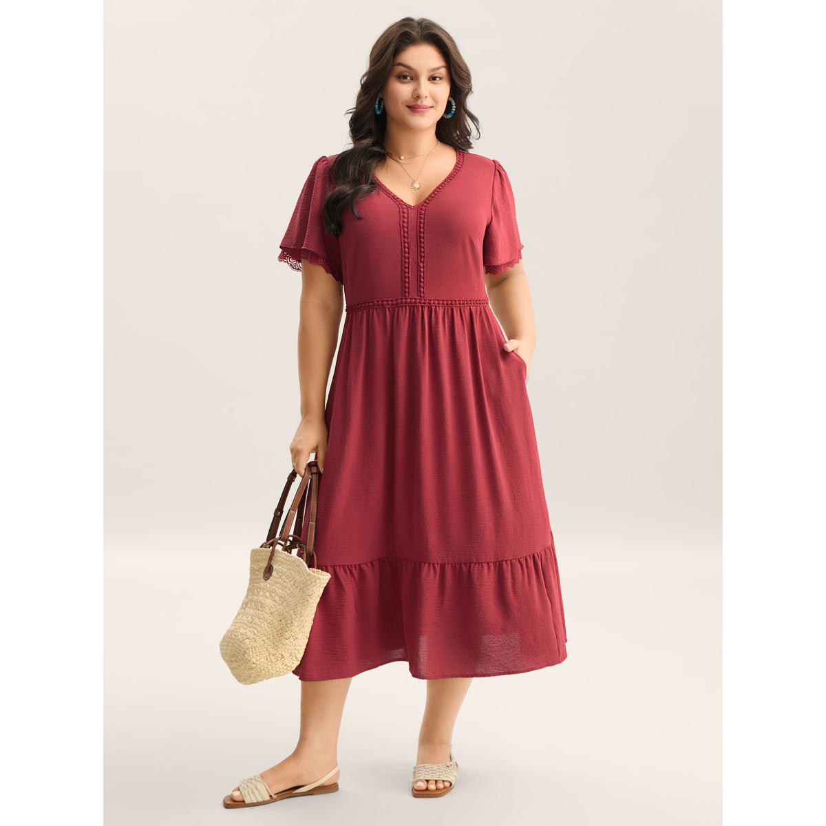 Plus Size Lace Trim Neck Sheer Pockets Maxi Dress Rust Women V-neck Short sleeve Curvy BloomChic 12/L Product Image