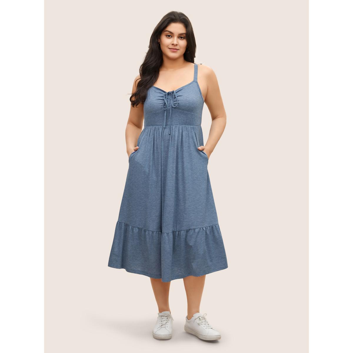 Plus Size Solid Ruffle Layered Hem Drawstring Cami Dress Stone Women Casual Non V-neck Sleeveless Curvy Midi Dress BloomChic 18-20/2X Product Image