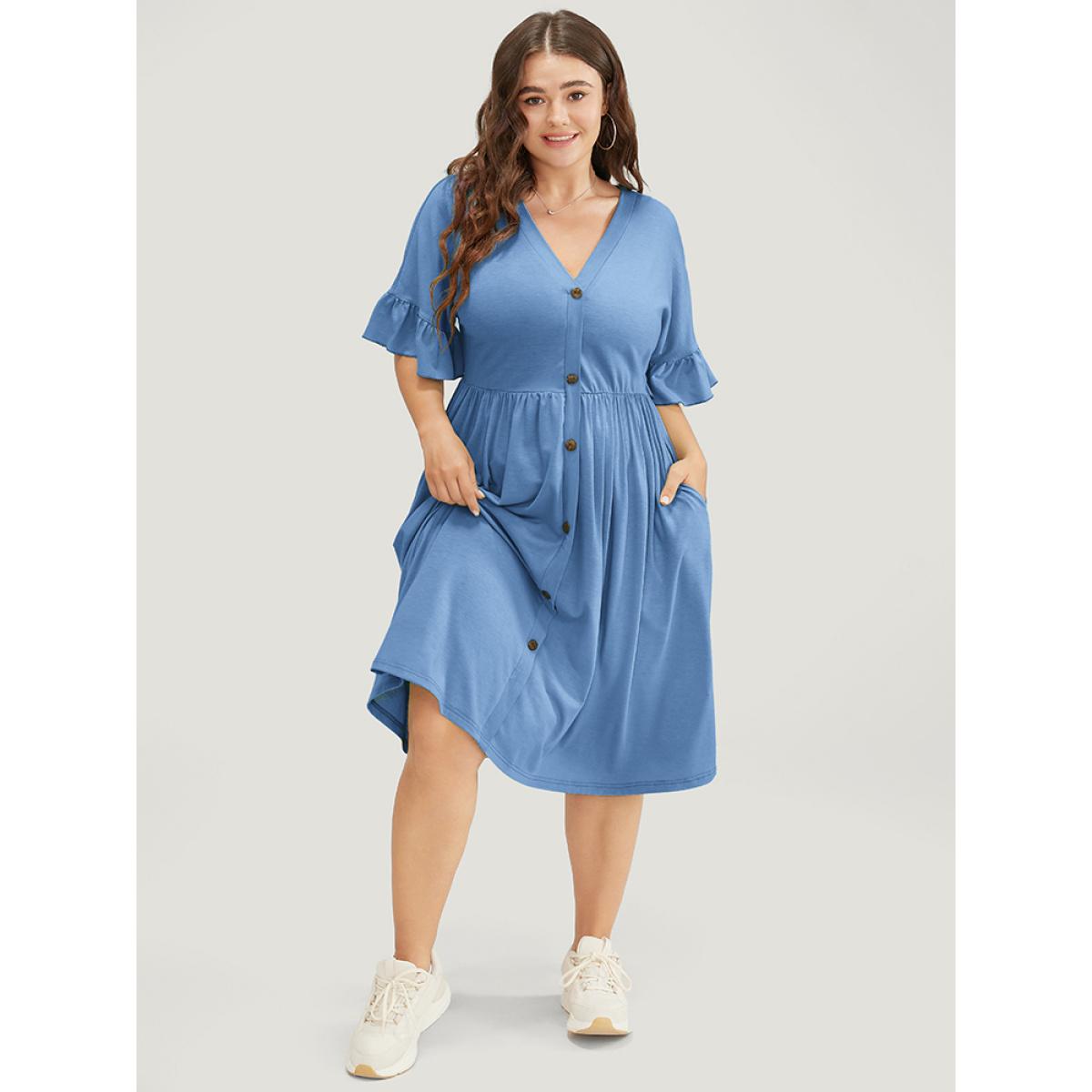 Plus Size Solid Pocket Button Detail Ruffle Sleeve Midi Dress Stone Women Casual Button V-neck Short sleeve Curvy Midi Dress BloomChic 26/4X Product Image