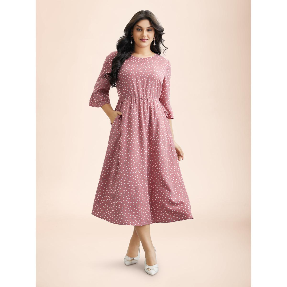 Plus Size Polka Dot Print Tiered Ruffles Sleeve Midi Dress Watermelon Women Elegant Ruffles Round Neck Elbow-length sleeve Curvy BloomChic 30/6X Product Image