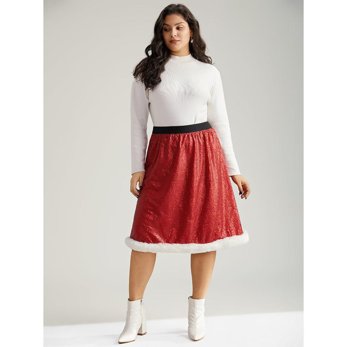 Plus Size Christmas Sequin Patchwork Fuzzy Trim Skirt Women Scarlet Glamour Sequin No stretch Festival-Christmas Skirts BloomChic 14-16/1X Product Image