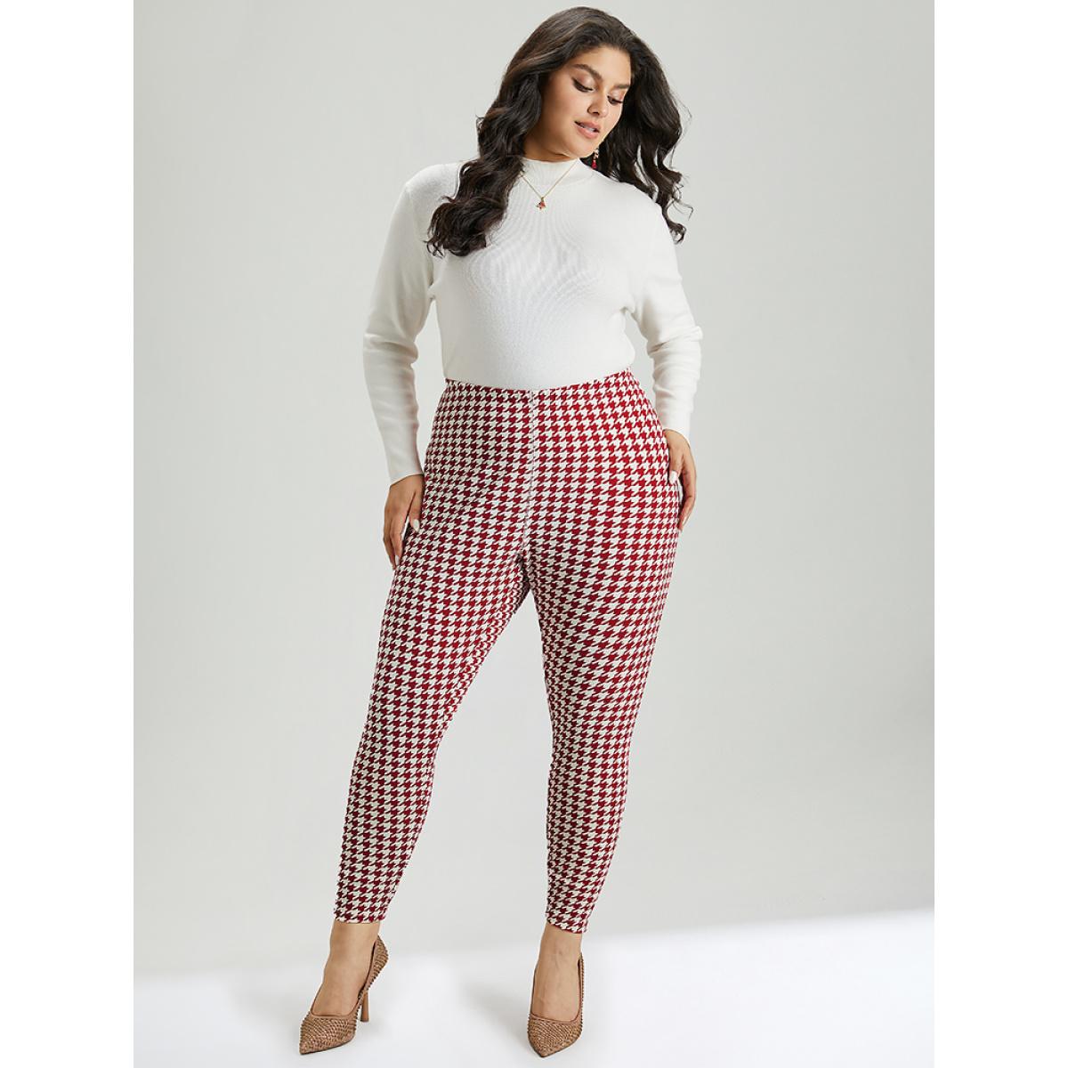 Plus Size Christmas Houndstooth Elastic Waist High Rise Leggings Women Raspberry Elegant High stretch Skinny High Rise Dailywear Leggings BloomChic 26/4X Product Image