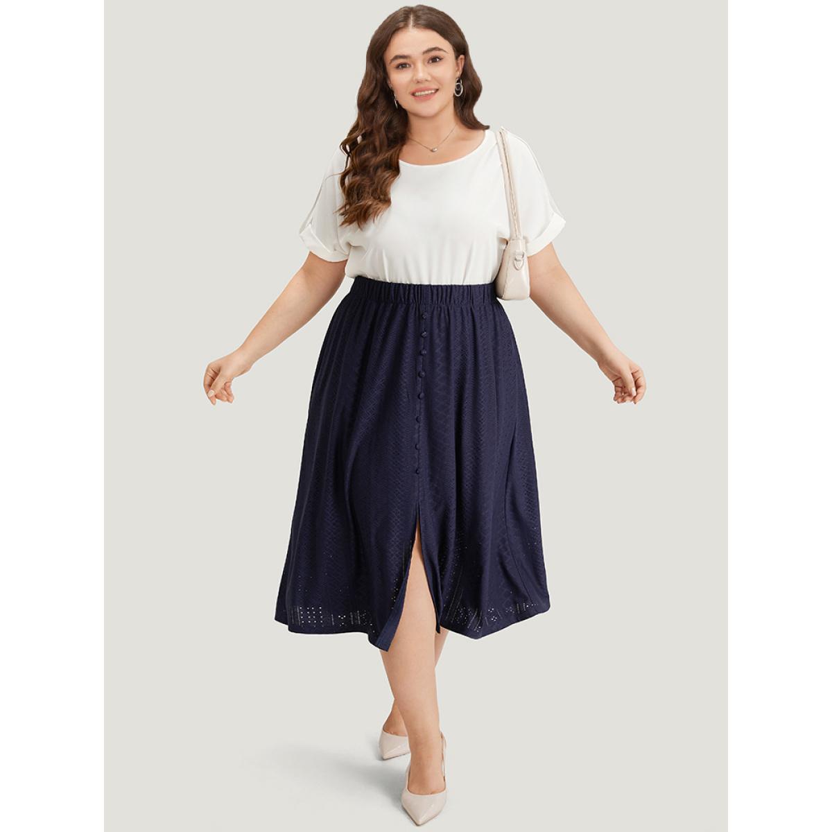 Plus Size Plain Elastic Waist Split Front Cropped Skirt Women Indigo Office Texture Low stretch Pocket Office Skirts BloomChic 12/L Product Image