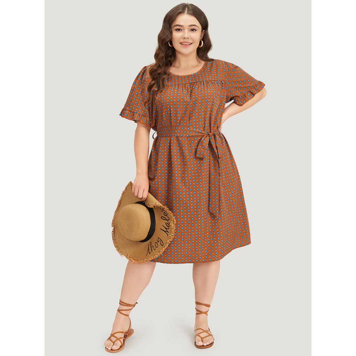 Plus Size Bandana Print Flutter Trim Pocket Belted Dress Chocolate Women Vacation Belted Round Neck Short sleeve Curvy Midi Dress BloomChic 14-16/1X Product Image