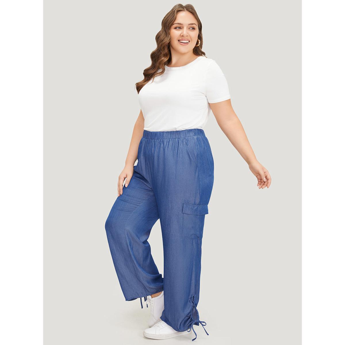 Plus Size Solid Flap Pocket Drawstring Cut Out Pants Women Blue Casual High Rise Dailywear Pants BloomChic 22-24/3X Product Image