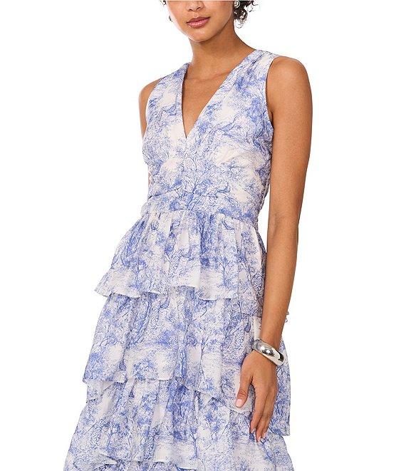 1. STATE Woven Toile Print V-Neck Sleeveless Tiered Ruffle Maxi Dress Product Image