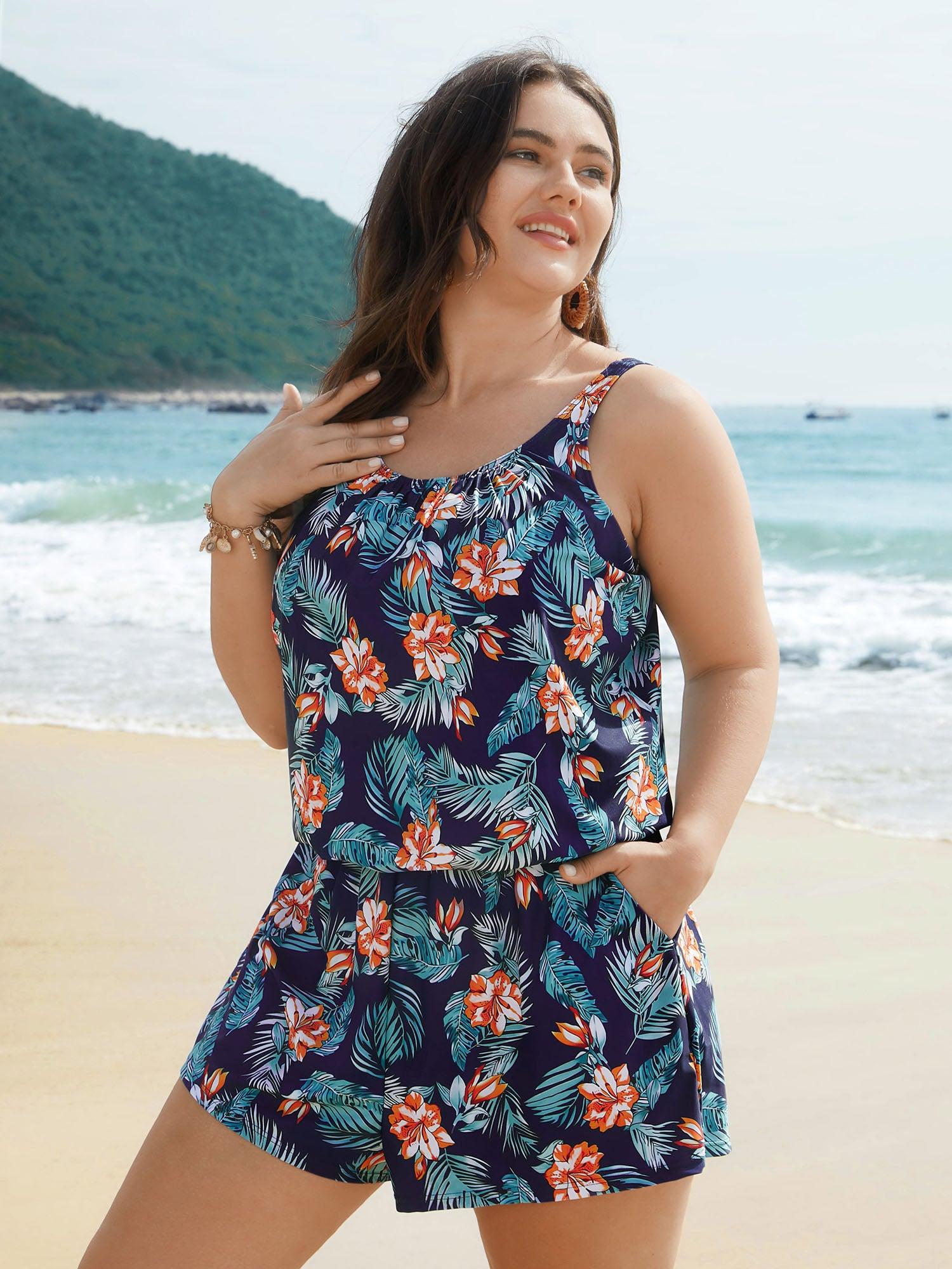 Tropical Flower Print Pockets One-Piece Swimsuit Female Product Image