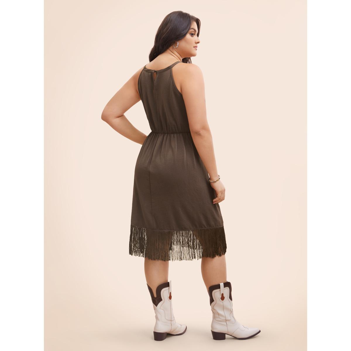 Plus Size Fringed Hem Elastic Waist Midi Dress DarkBrown Women Resort Tassels Non Sleeveless Curvy BloomChic 14-16/1X Product Image