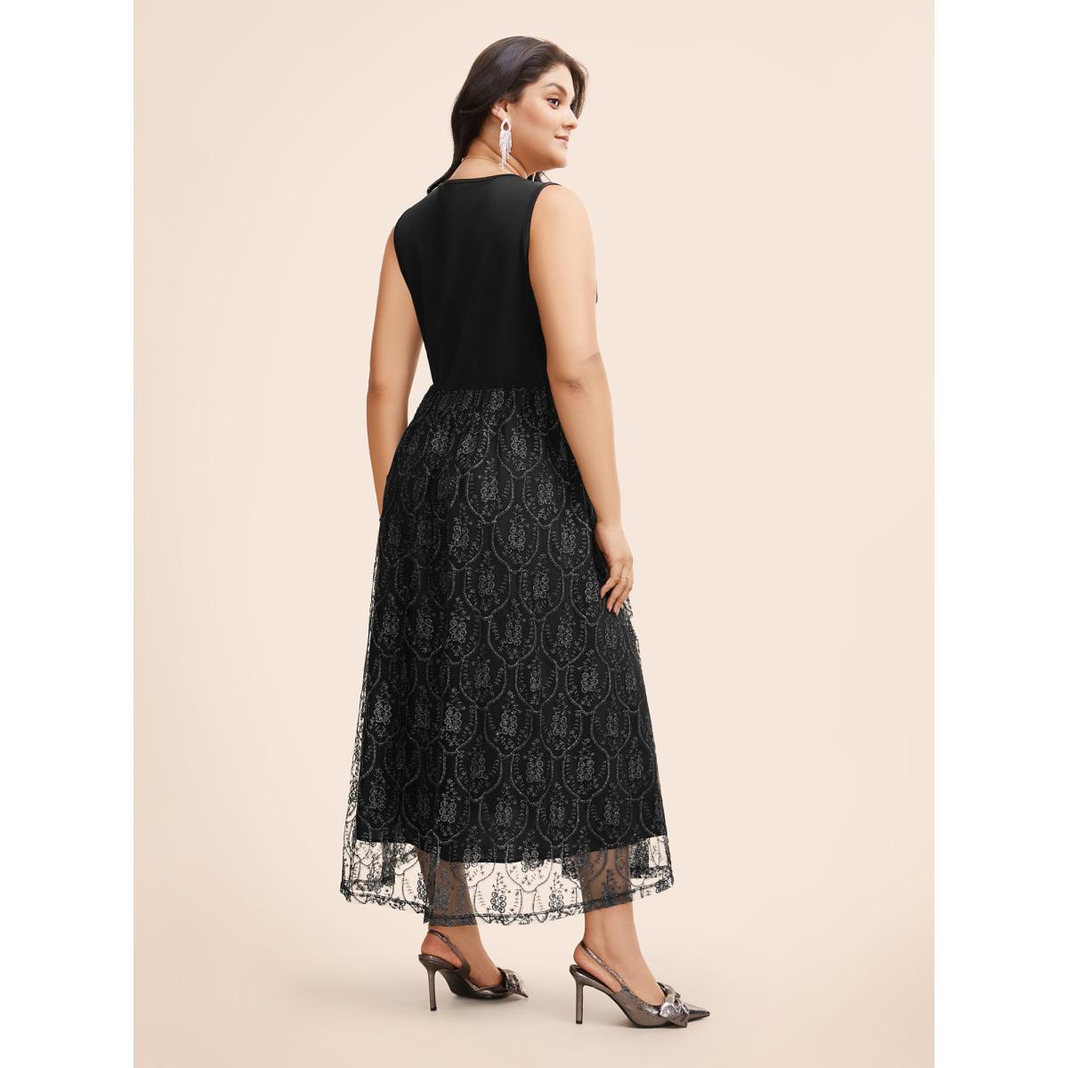 Plus Size Embroidered Mesh Patchwork Sleeveless Dress Black Women Formal Texture Overlap Collar Sleeveless Curvy BloomChic 22-24/3X Product Image