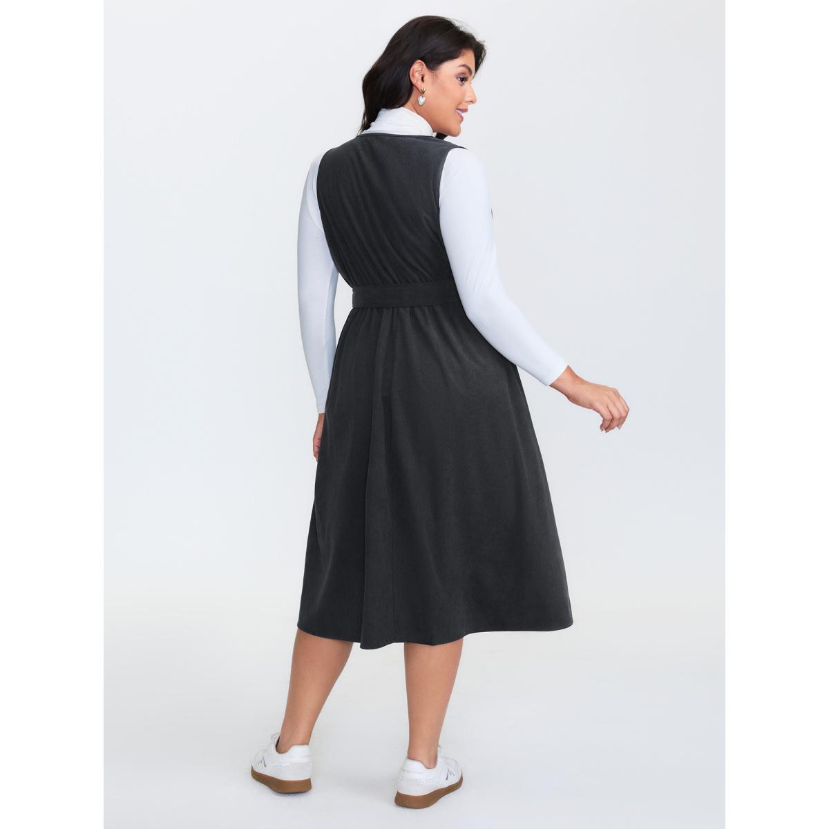 Plus Size Corduroy Sleeveless Belted Side Midi Dress Black Women Leisure Overlapping Overlap Collar Sleeveless Curvy BloomChic 18-20/2X Product Image