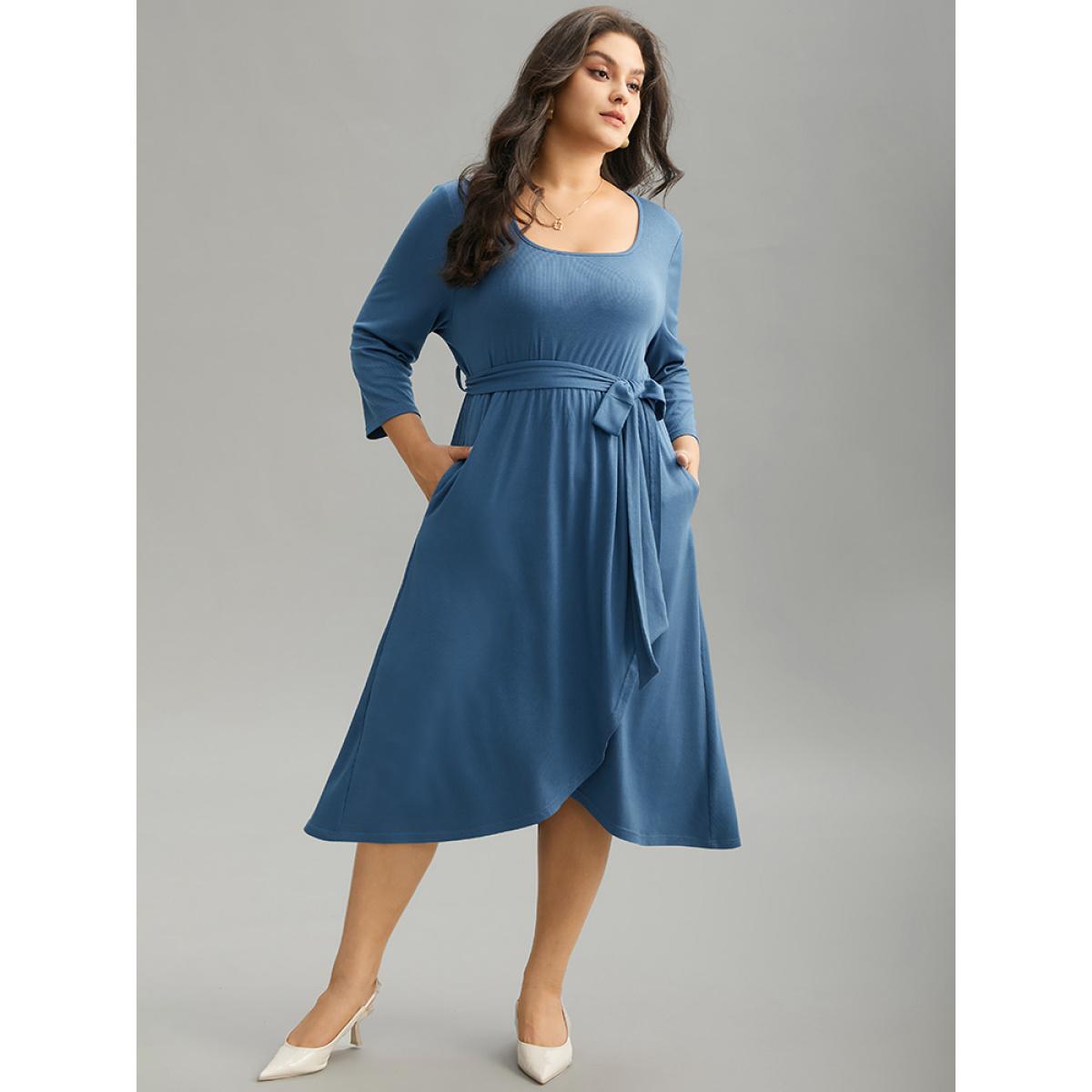Plus Size Plain Square Neck Arc Hem Belted Wrap Dress Stone Women Office Wrap Square Neck Elbow-length sleeve Curvy Midi Dress BloomChic 22-24/3X Product Image