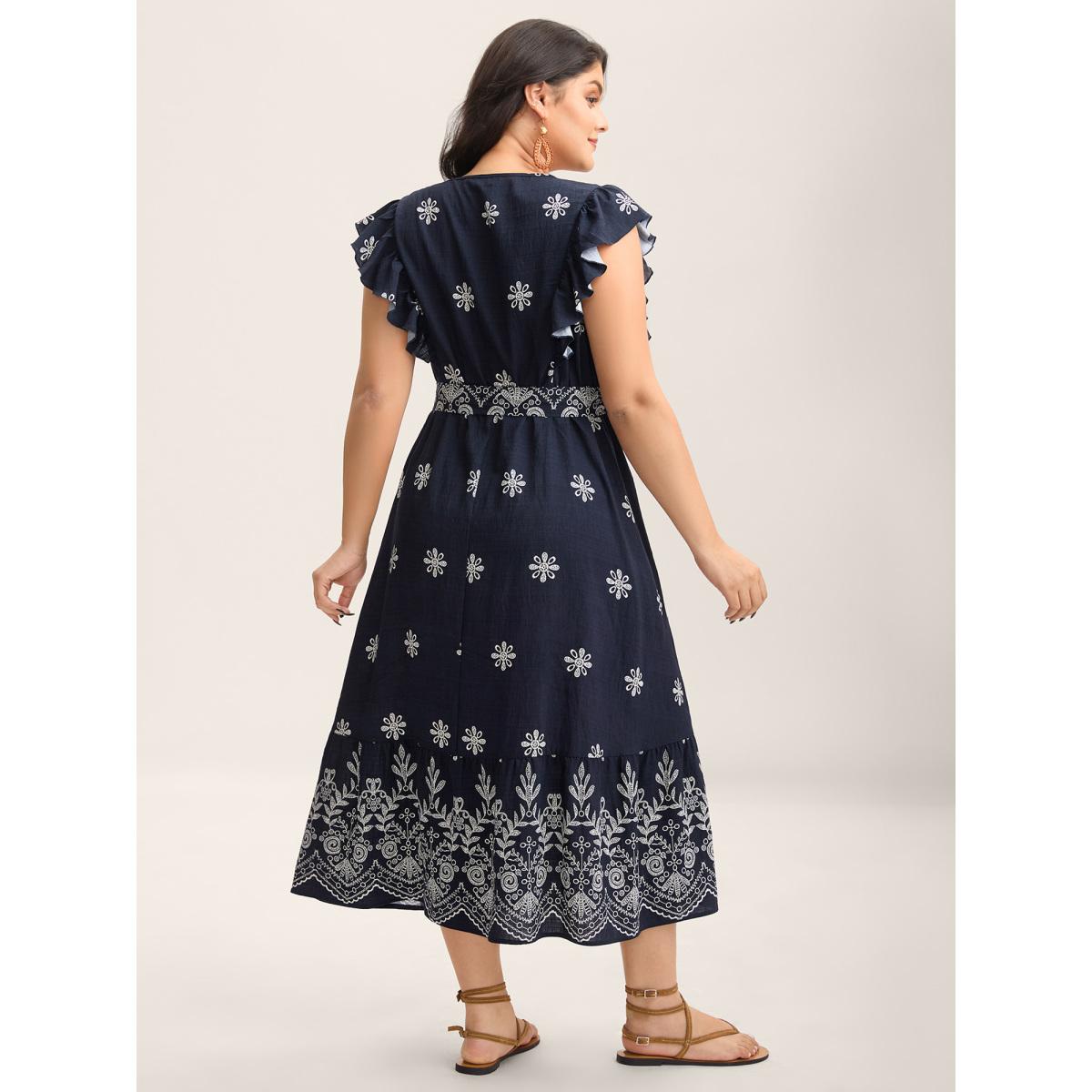 Plus Size Rayon Stretchy Waist Pockets Flutter Midi Dress Indigo Women Boho Overlap Collar Cap Sleeve Curvy BloomChic 22-24/3X Product Image