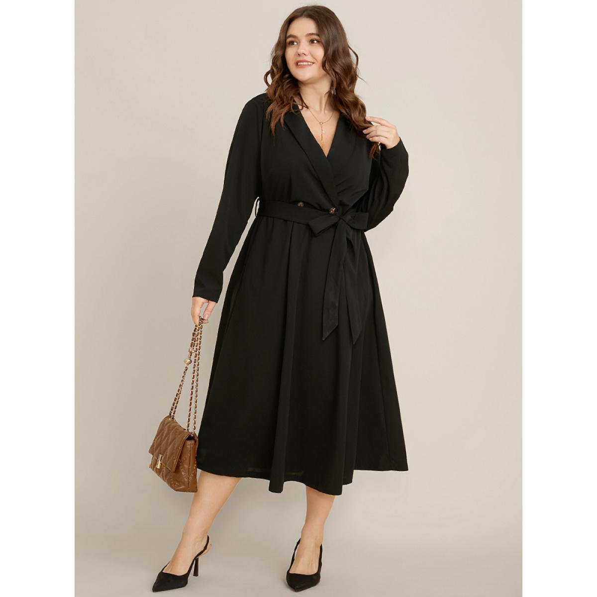 Plus Size Solid Pocket Belted Surplice Neck Flutter Dress Black Women Office Belted V-neck Long Sleeve Curvy Midi Dress BloomChic 26/4X Product Image