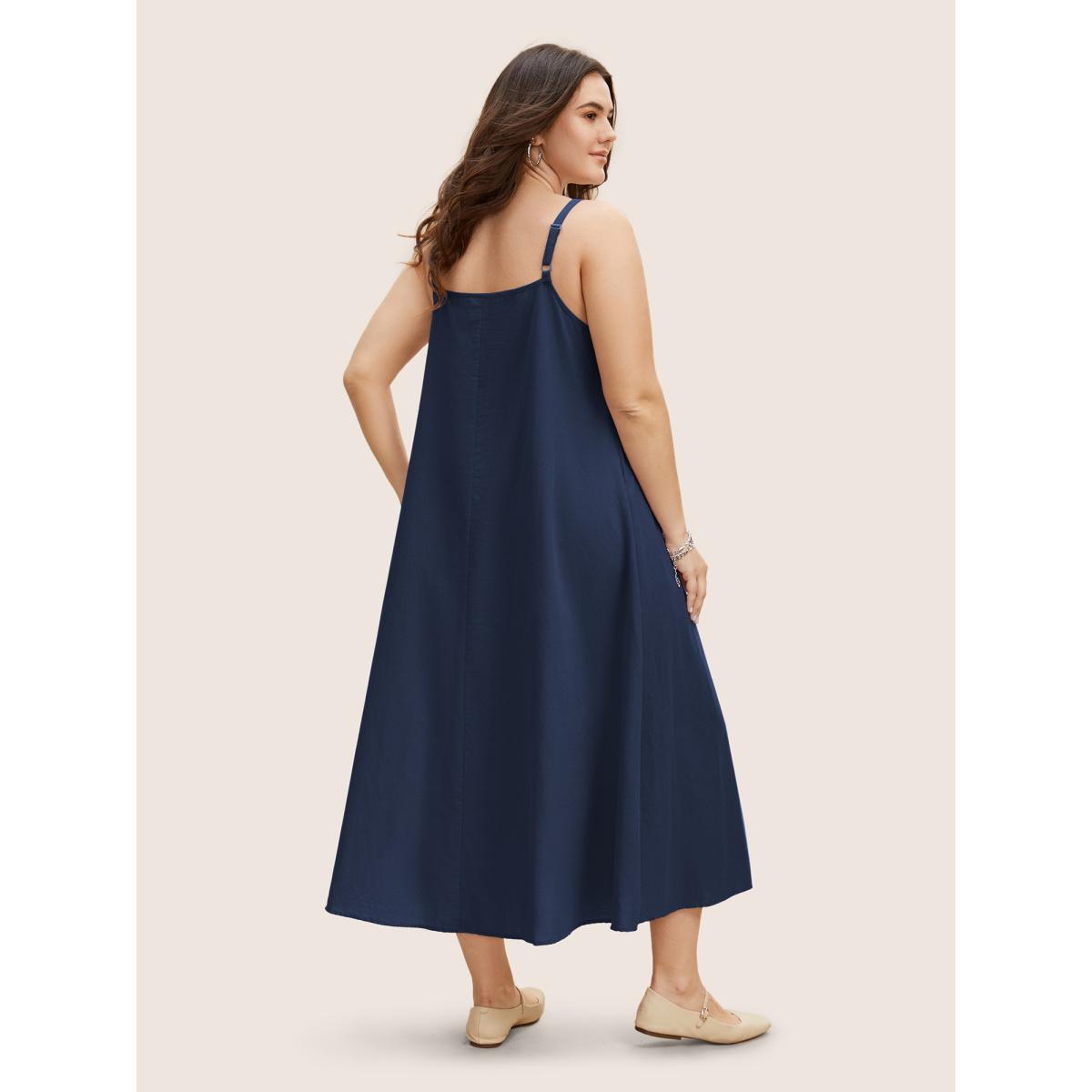 Plus Size Cotton Plain Pleated Loose Fit Cami Dress Navy Women Casual Ruffles Non Sleeveless Curvy BloomChic 26/4X Product Image