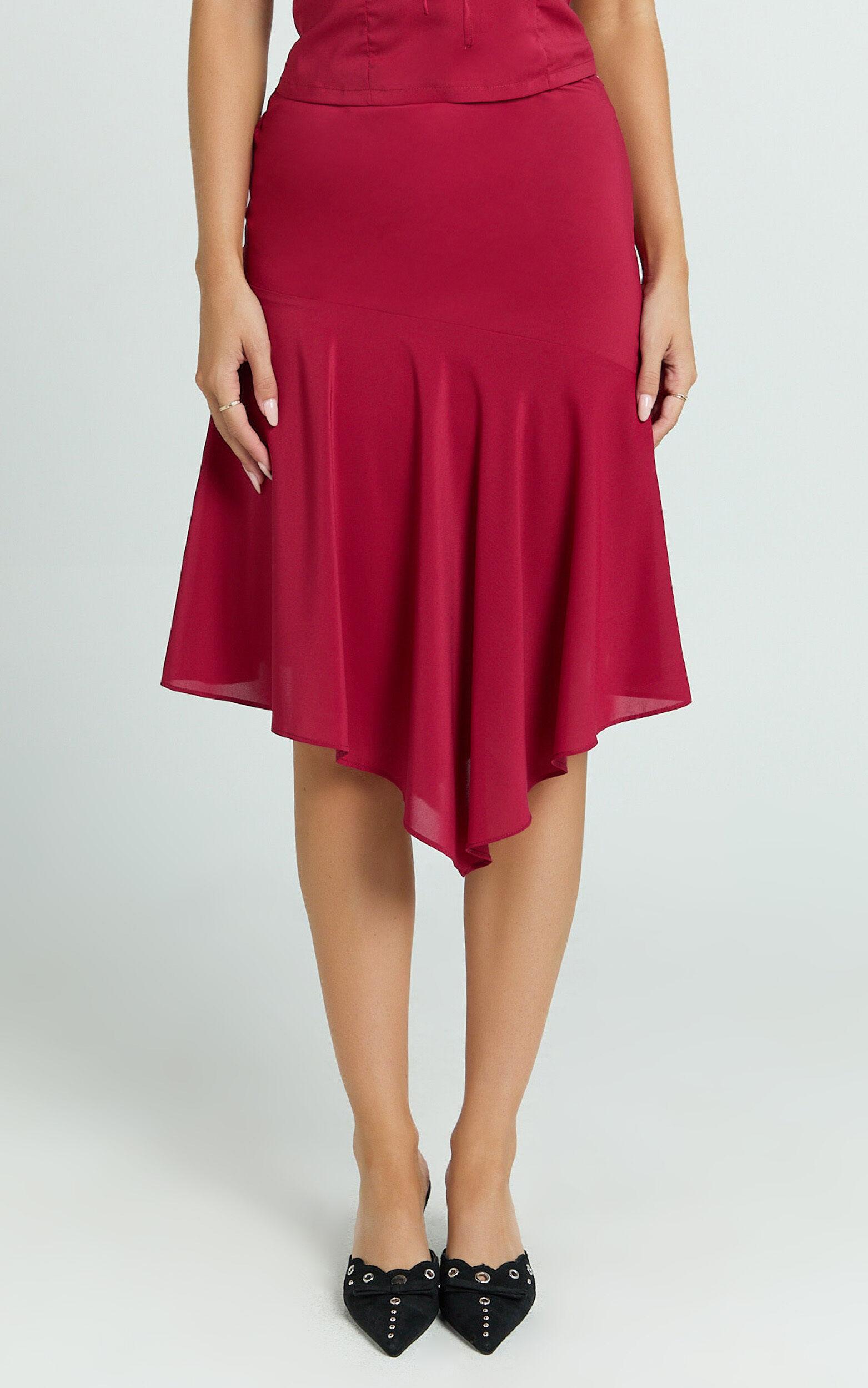 Clare Midi Skirt - Mid Waisted Asymmetric Bias Cut Slip Skirt in Cherry Red Product Image