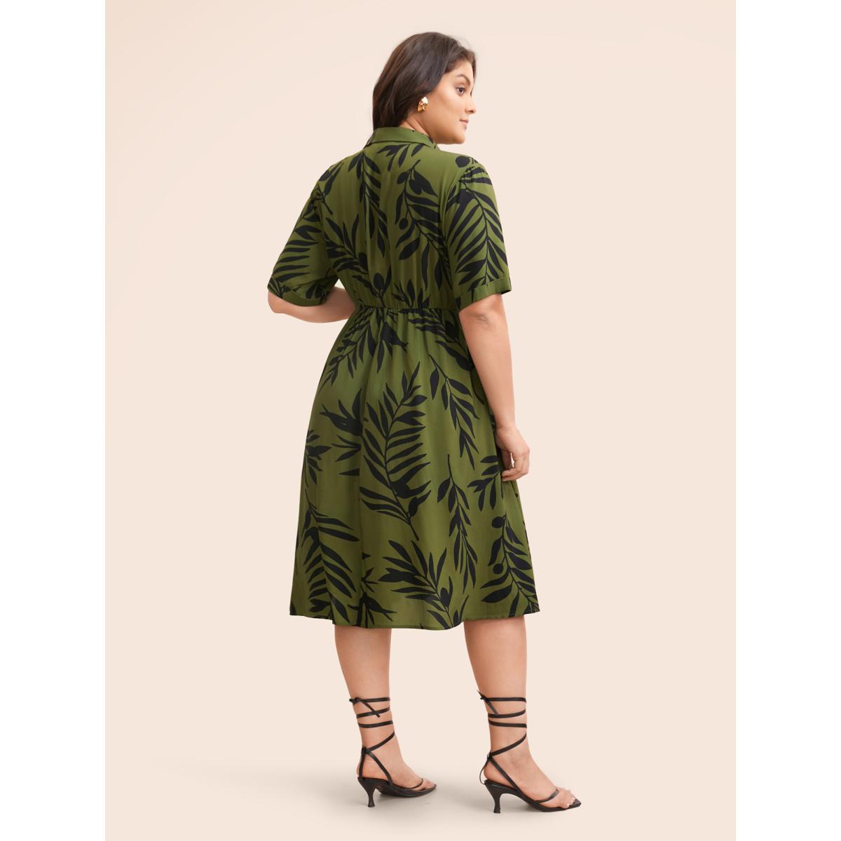 Plus Size Tropical Print Shirt Collar Midi Dress ArmyGreen Women Elegant Button Shirt collar Short sleeve Curvy BloomChic 22-24/3X Product Image