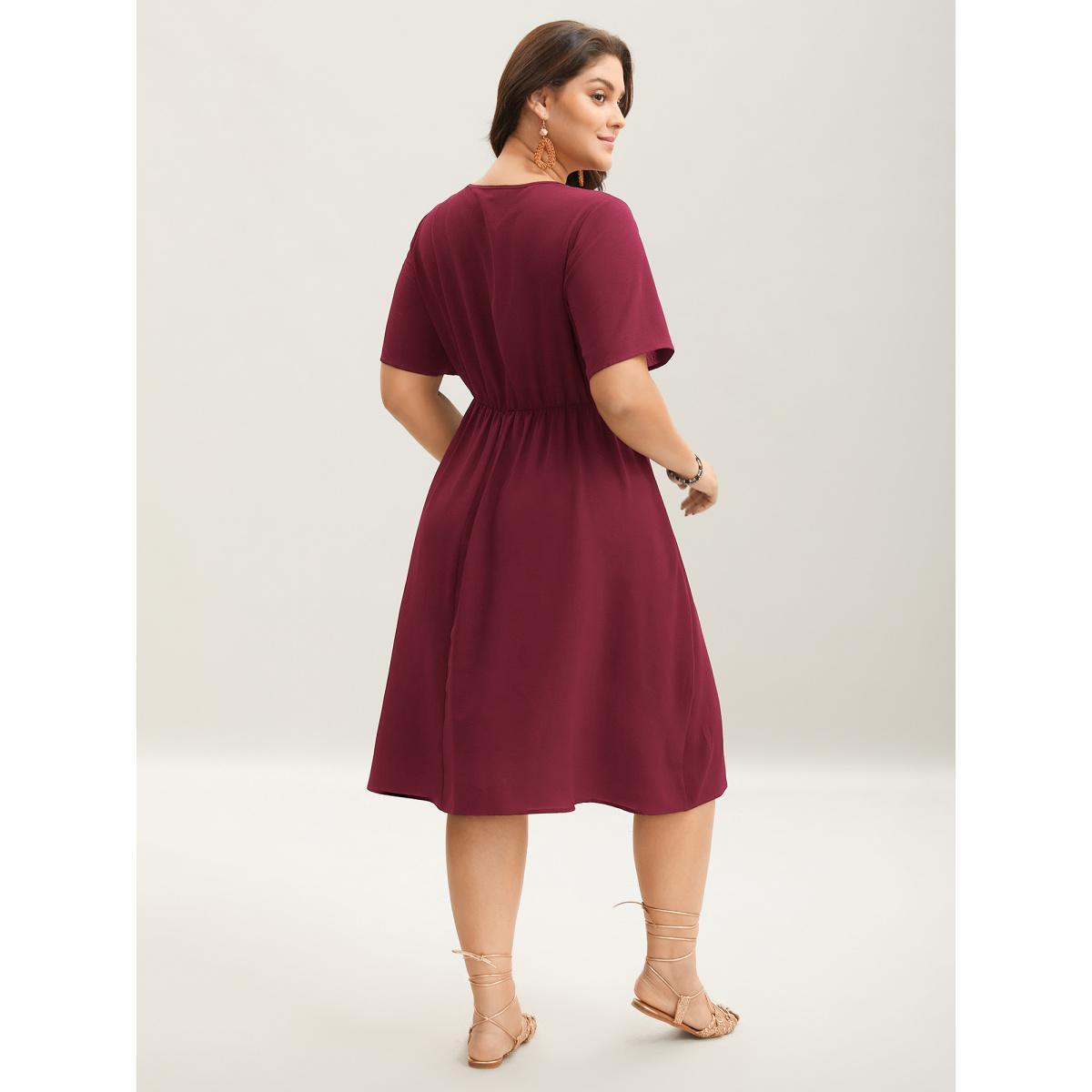 Plus Size Floral Embroidered Waist-Cinched Midi Dress Burgundy Women Boho Round Neck Short sleeve Curvy BloomChic 10/M Product Image