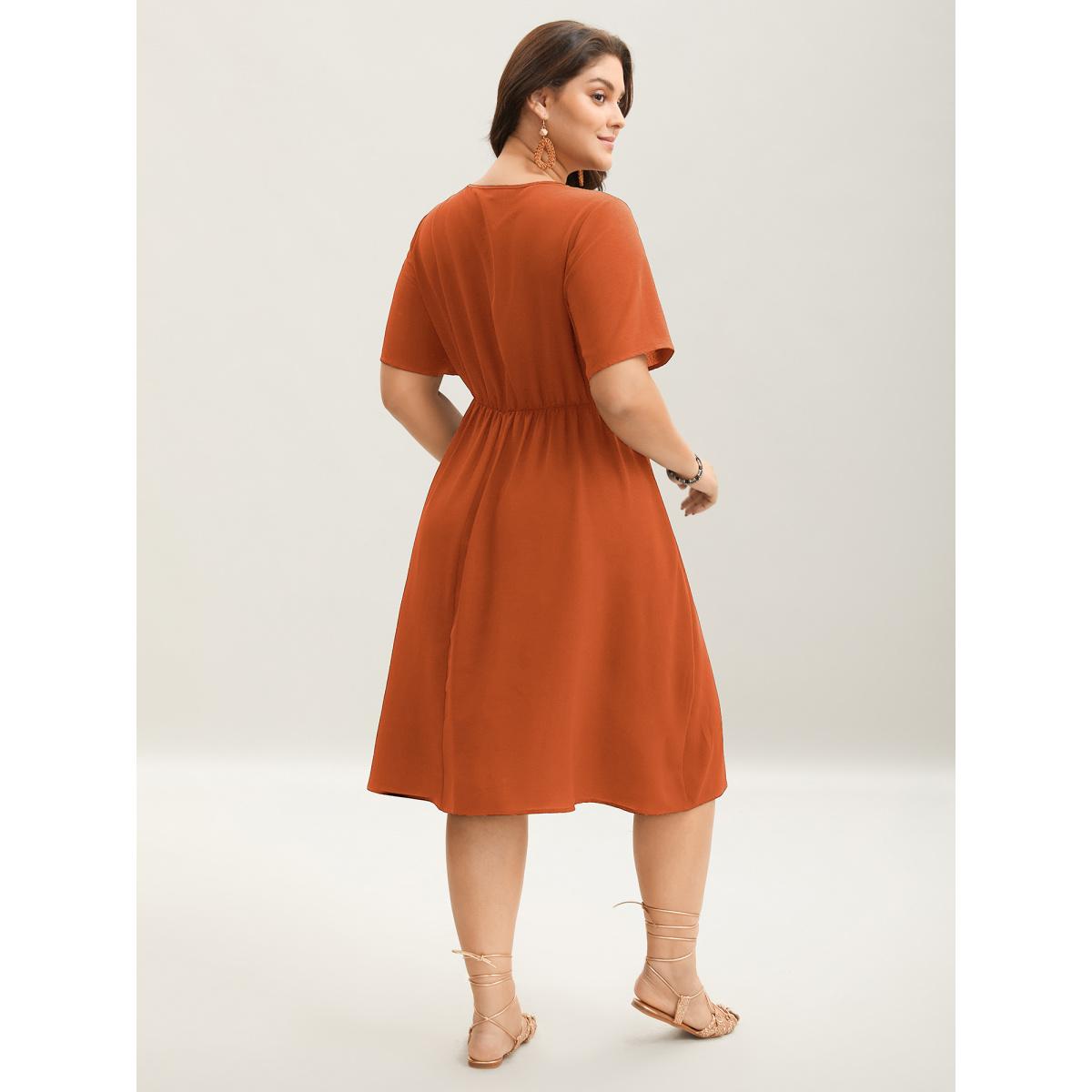 Plus Size Floral Embroidered Waist-Cinched Midi Dress Burgundy Women Boho Round Neck Short sleeve Curvy BloomChic 10/M Product Image