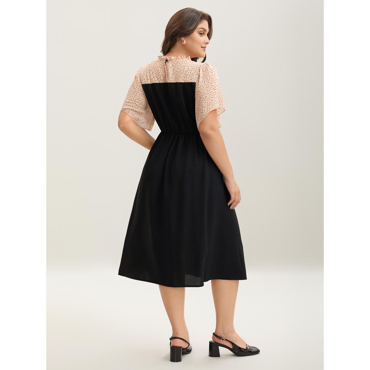 Plus Size Round Ruffled Neck Color Contrast Midi Dress Black Women Elegant See through Round Neck Short sleeve Curvy BloomChic 14-16/1X Product Image