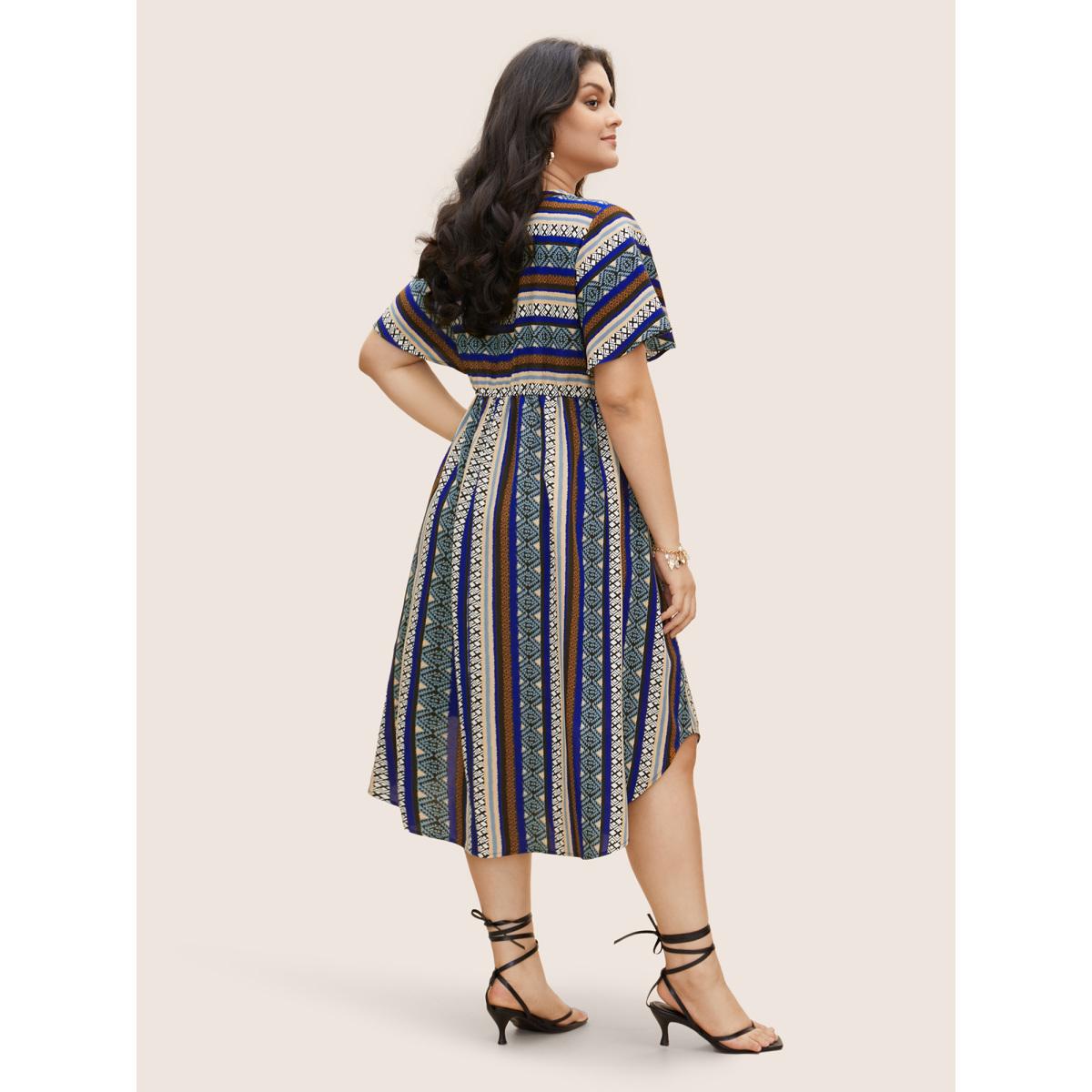 Plus Size Bandana Striped Curved Hem Ruffle Sleeve Dress Mediumblue Women Resort Gathered Notched collar Short sleeve Curvy BloomChic 10/M Product Image