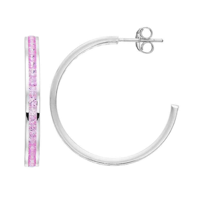 Traditions Jewelry Company Sterling Silver Channel-Set Lab-Created Ruby Birthstone Hoop Earrings, Women's Product Image