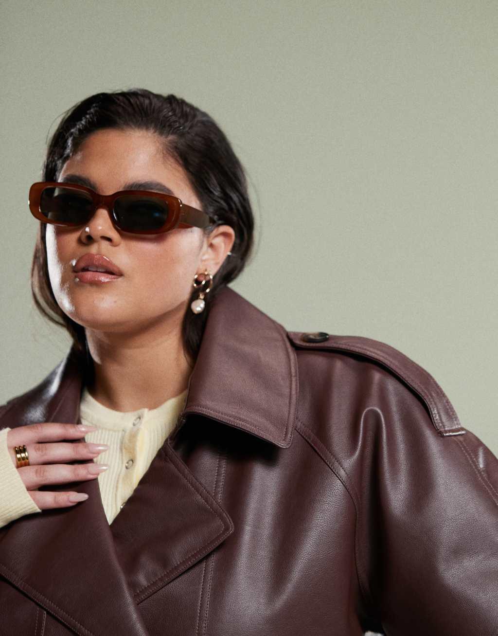 ASOS DESIGN Curve leather look bomber trench coat in chocolate Product Image
