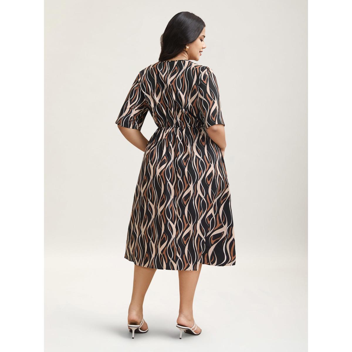 Plus Size Abstract Print Surplice Neck Pockets Midi Dress BlackFlower Women Elegant Non Overlap Collar Short sleeve Curvy BloomChic 14-16/1X Product Image