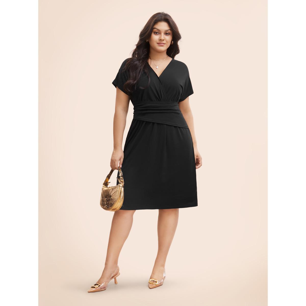 Plus Size Overlap Collar Dolman Sleeve Ruched Dress Black Women At the Office Gathered Overlap Collar Short sleeve Curvy BloomChic 10/M Product Image