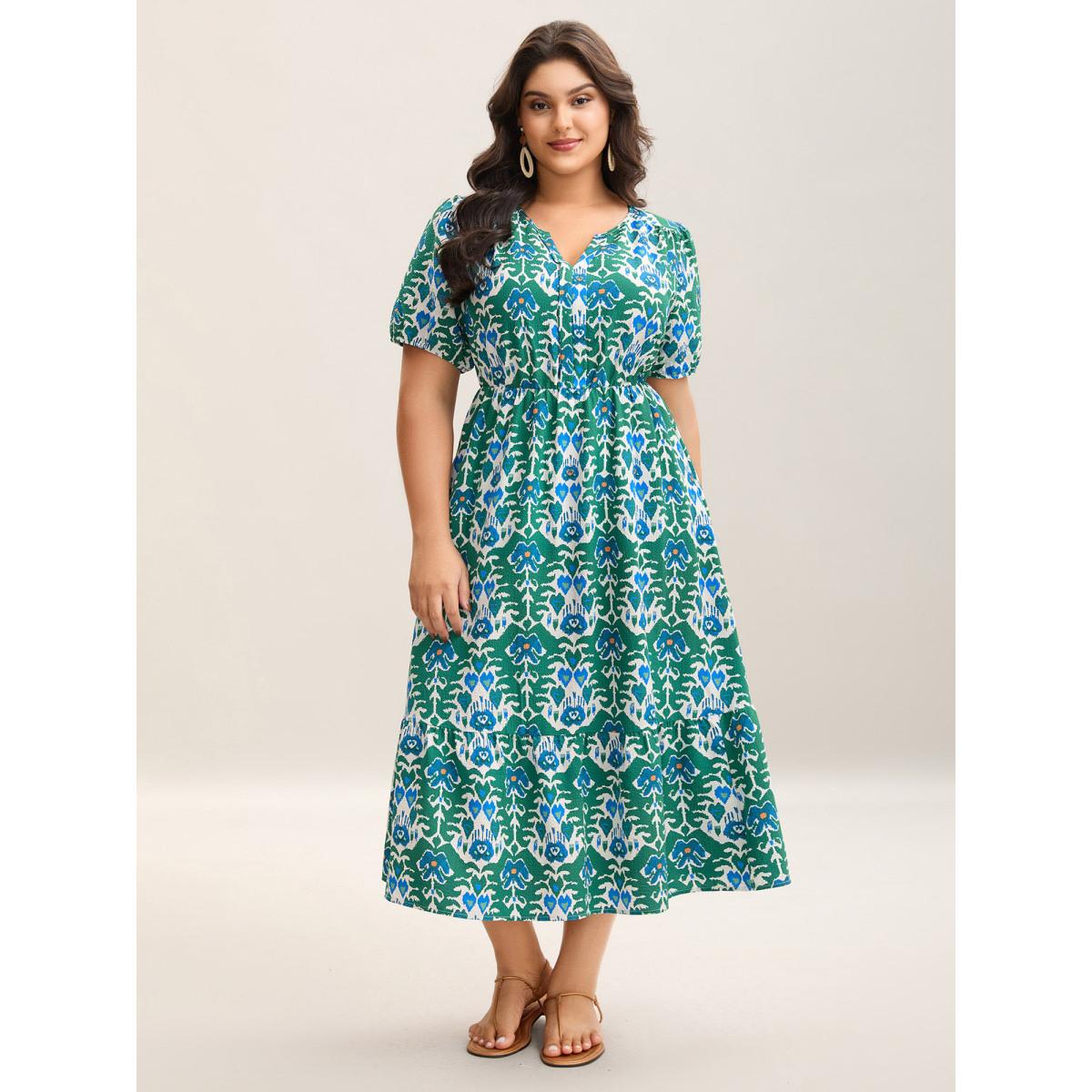 Plus Size Boho Pattern Stretchy Waist Pockets Midi Dress Teal Women Boho Flat collar with V-notch Short sleeve Curvy BloomChic 10/M Product Image