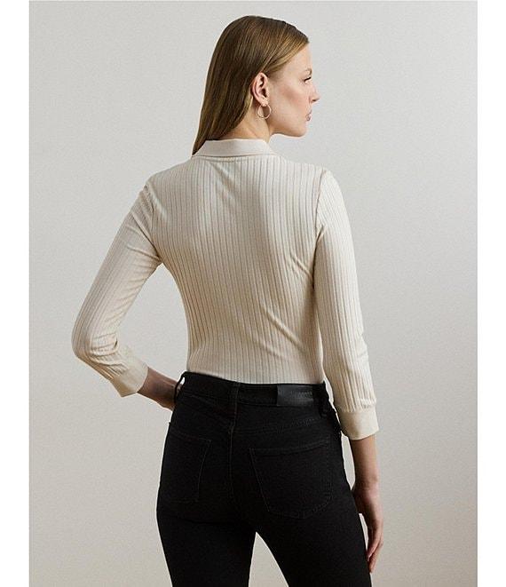 Lauren Ralph Lauren Petite Size Ribbed Knit Point Collar 3/4 Sleeve Polo Shirt Product Image