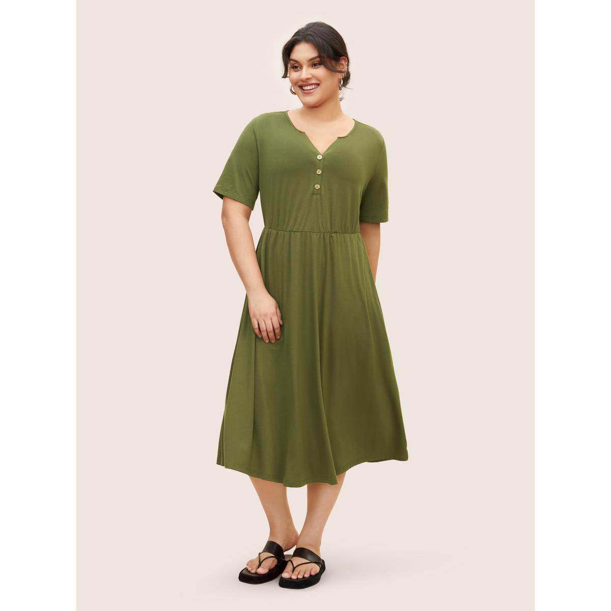 Plus Size Notched Solid Button Detail Midi Dress ArmyGreen Women Basics Button Flat collar with V-notch Short sleeve Curvy BloomChic 10/M Product Image