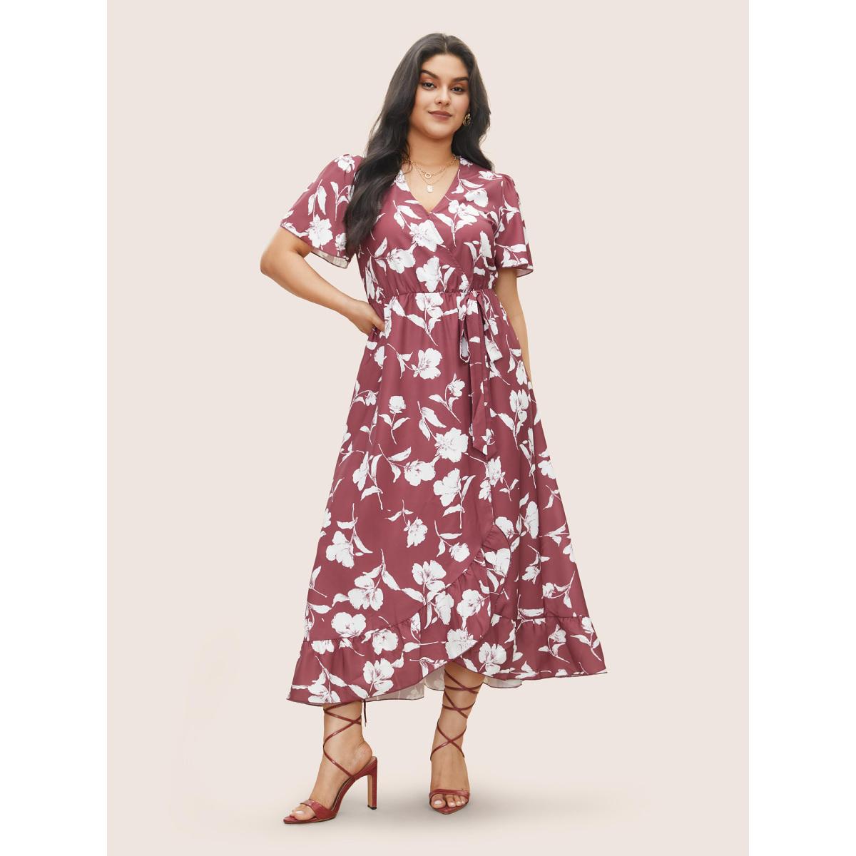 Plus Size Floral Ruffle Knot Side Wrap Dress DustyPink Women Elegant Ruffles V-neck Short sleeve Curvy Midi Dress BloomChic 22-24/3X Product Image