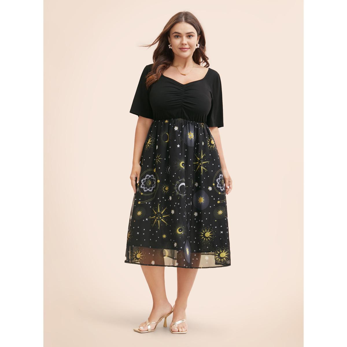 Plus Size Halloween Moon & Star Print Ruched Patchwork Dress Black Women Elegant Gathered Square Neck Short sleeve Curvy Midi Dress BloomChic 30/6X Product Image
