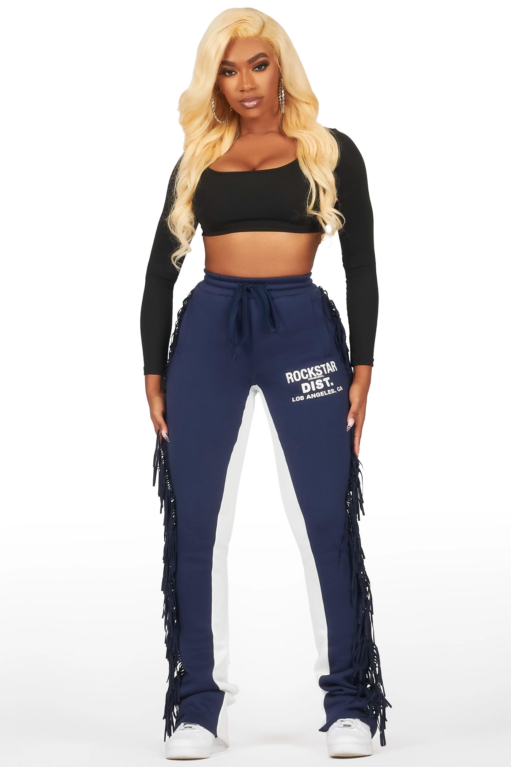 Kendra Navy Fringe Stacked Flare Track Pant Female Product Image