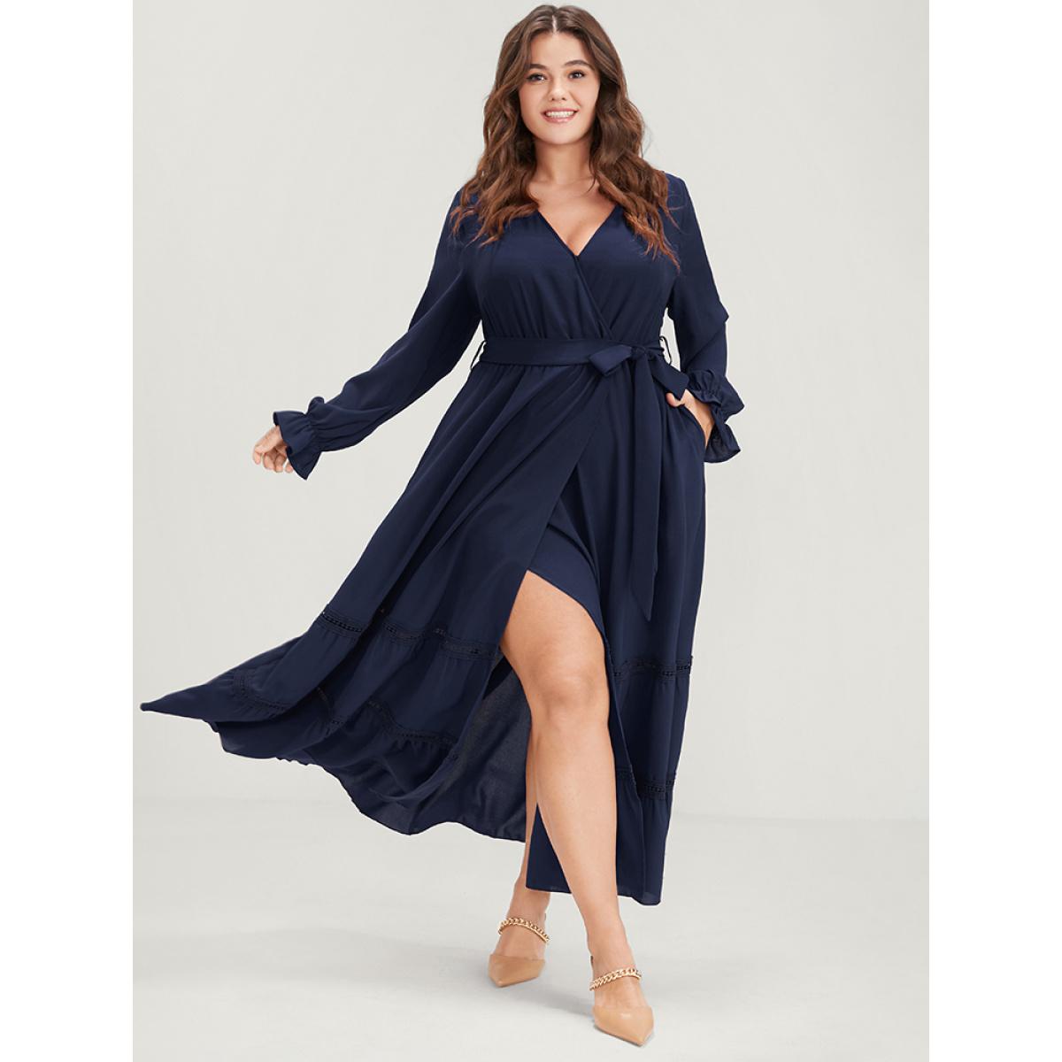 Plus Size Solid Lantern Sleeve Crochet Lace Button Ties Belted Maxi Dress DarkBlue Women Elegant Plain V-neck Long Sleeve Curvy Long Dress BloomChic 28/5X Product Image