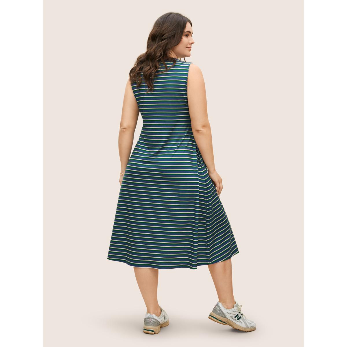 Plus Size Contrast Striped Pleated Pocket Tank Dress Mediumblue Women Casual Contrast Round Neck Sleeveless Curvy BloomChic 18-20/2X Product Image