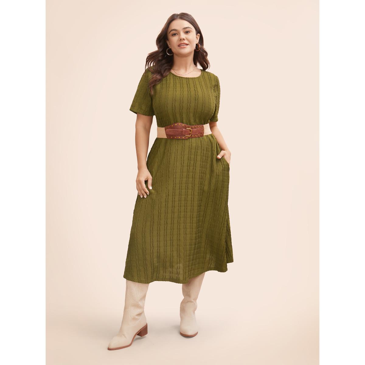 Plus Size Solid Textured Crew Neck Midi Dress DarkGreen Women Elegant Tucked seam Round Neck Short sleeve Curvy BloomChic 22-24/3X Product Image