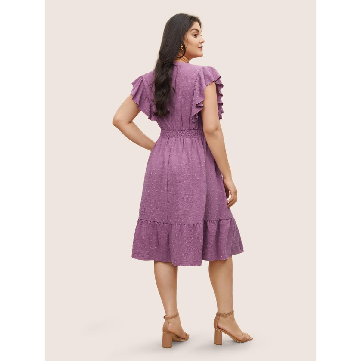 Plus Size Solid Textured Shirred Patchwork Ruffles Dress Lilac Women Elegant Non Notched collar Cap Sleeve Curvy Midi Dress BloomChic 14-16/1X Product Image