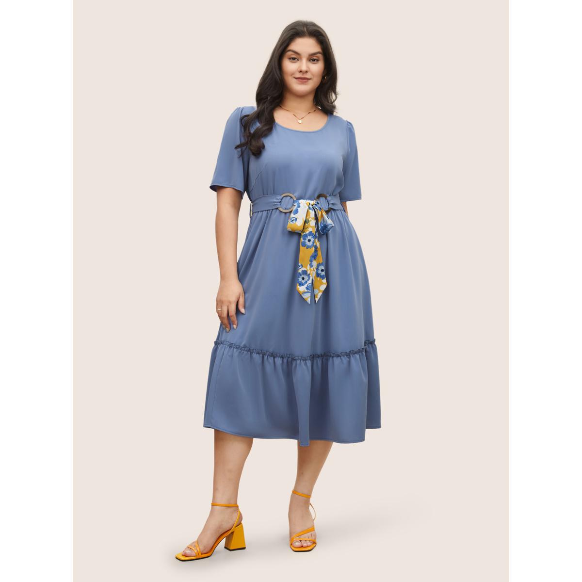 Plus Size Solid Frill Trim Buckle Detail Belted Dress Stone Women Elegant Non Round Neck Short sleeve Curvy Midi Dress BloomChic 30/6X Product Image