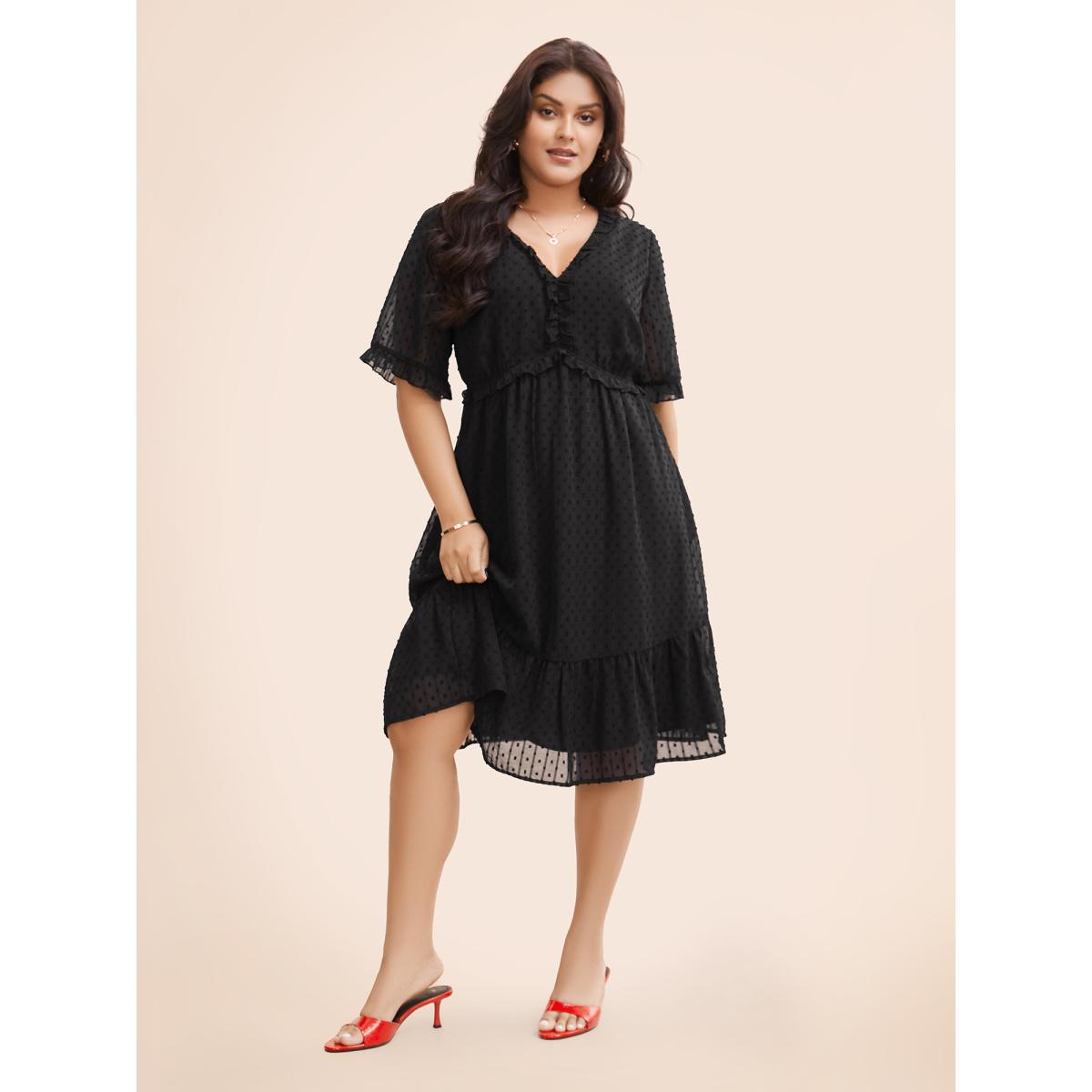 Plus Size Jacquard V Neck Ruffle Sleeve Dress Black Women Elegant Texture V-neck Half Sleeve Curvy BloomChic 30/6X Product Image