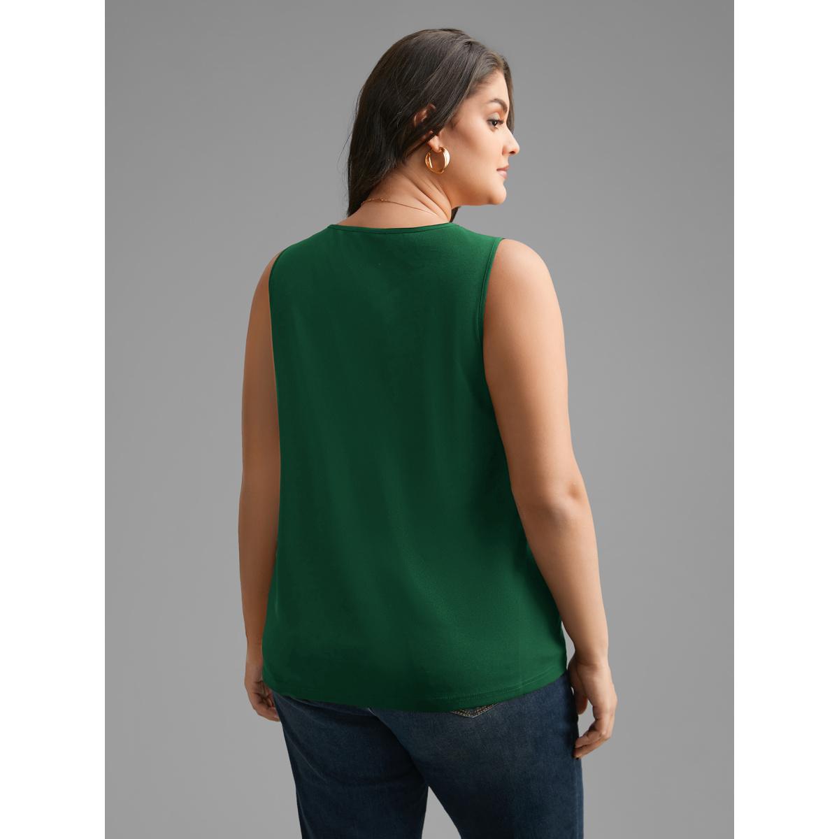 Plus Size Solid V Neck Laser Cut Tank Top Women DarkGreen Timeless Non V-neck Elegant Tank Tops Camis BloomChic 12/L Product Image