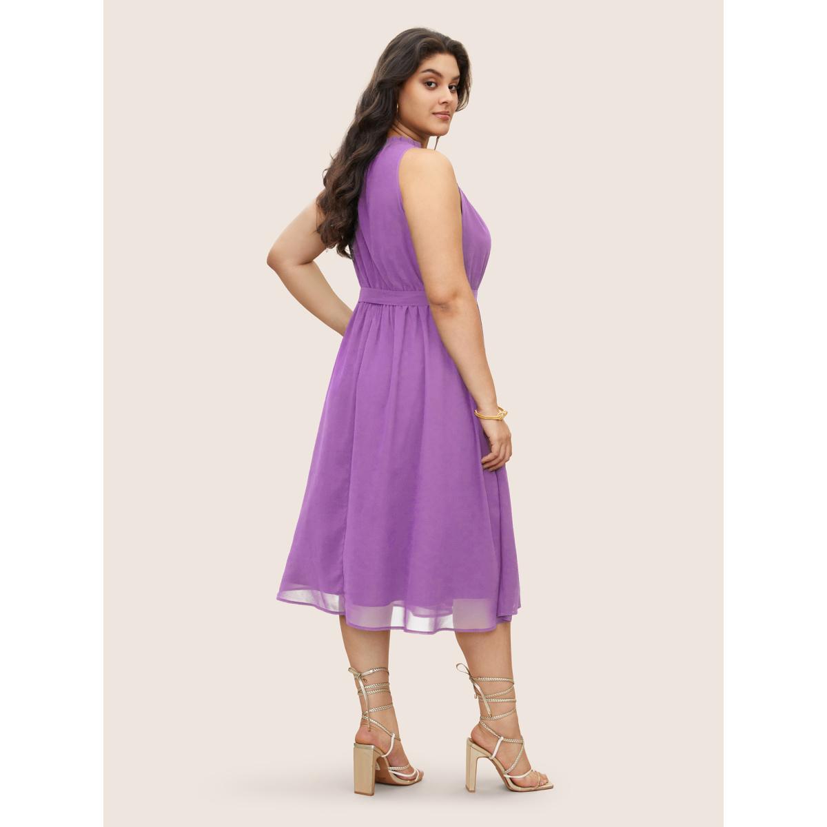 Plus Size Plain Sleeveless Frill Trim Pocket Belted Mock Neck Dress Lilac Women At the Office Pocket Mock Neck Sleeveless Curvy Midi Dress BloomChic 18-20/2X Product Image