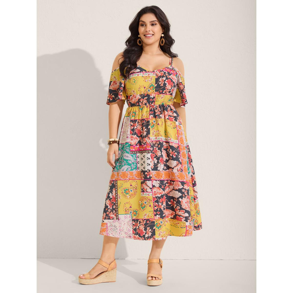 Plus Size Boho Floral Print Cold-Shoulder Midi Dress Multicolor Women Non Sleeveless Curvy BloomChic 26/4X Product Image