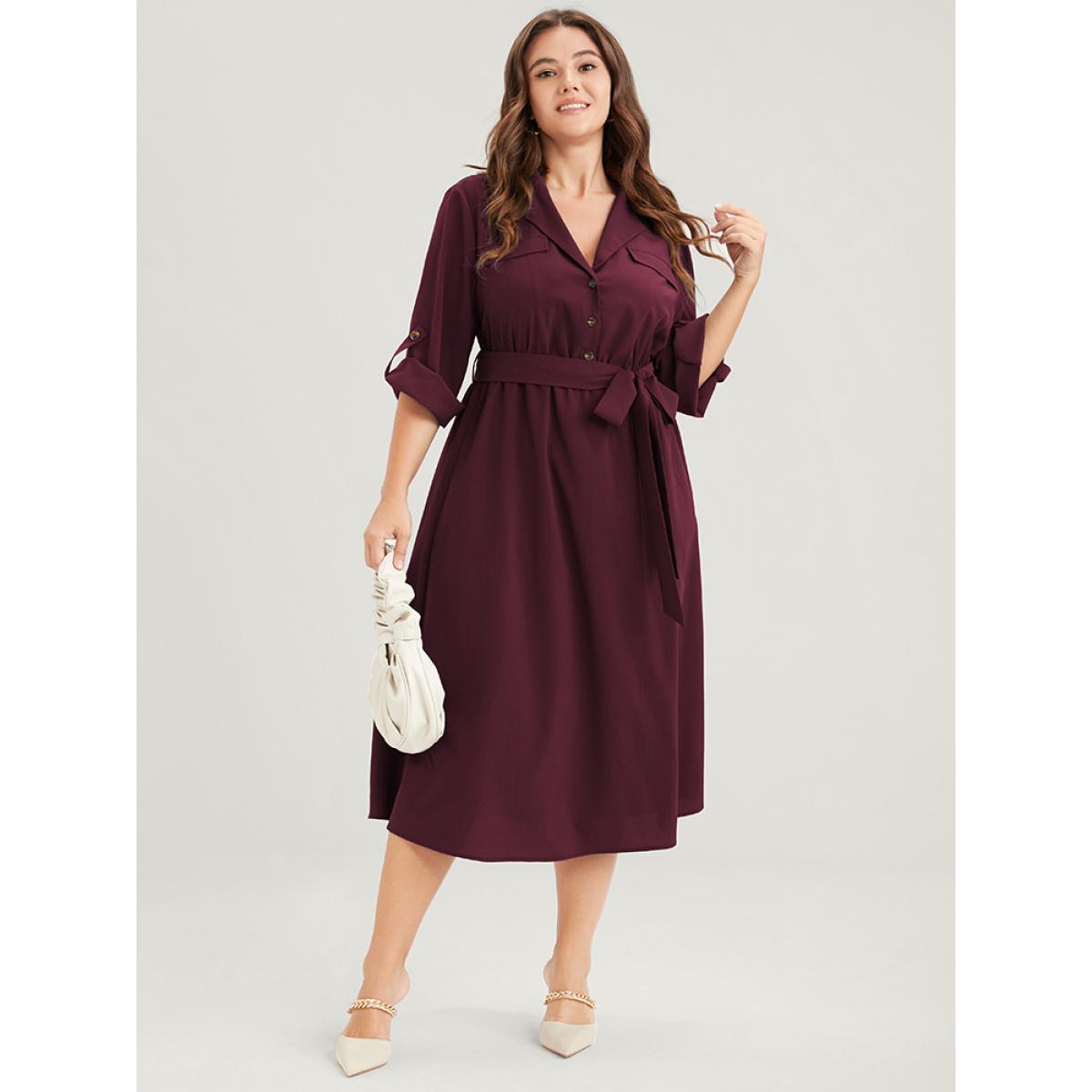 Plus Size Plain Button Cuffed Sleeve Pocket Belted Lapel Collar Dress Burgundy Women Office Belted Lapel Collar Elbow-length sleeve Curvy Midi Dress BloomChic 18-20/2X Product Image